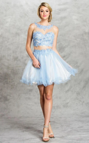 2-Piece Illusion Tulle Ruffled Appliqued A-Line Short Scoop-Neck Mini Sleeveless Dress
