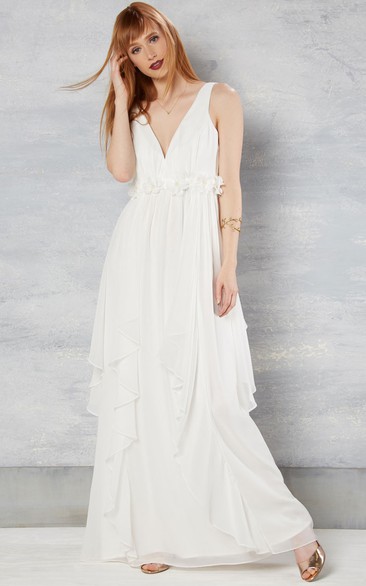 A Line V-neck Sleeveless Ankle-length Chiffon Wedding Dress with Low-V Back and Draping