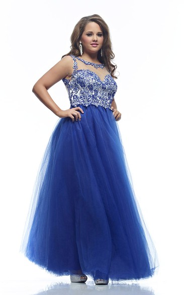A-line Floor-length Scoop Sleeveless Tulle Appliques Pleats Illusion Dress