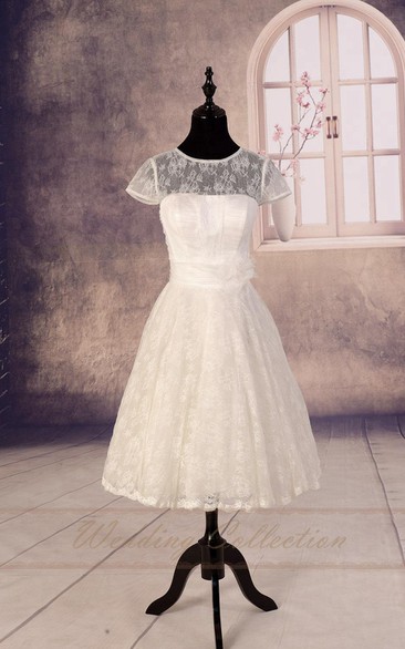 Tea-Length Lace Sheer Bridal Gown