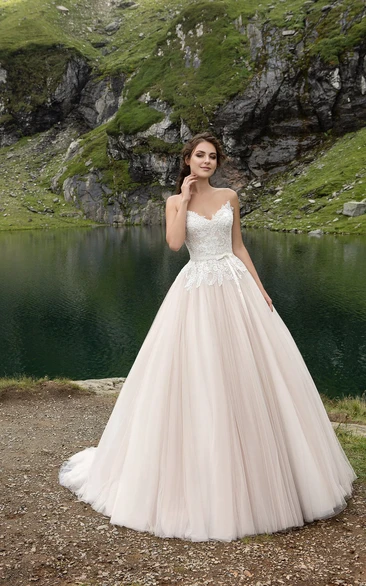 Tulle Lace Bodice Pleatings Romantic V-Neckline Gown