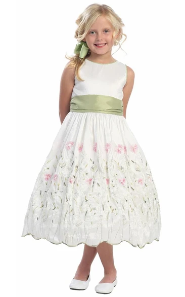 Taffeta Embroidery 3-4-Length Floral Flower Girl Dress