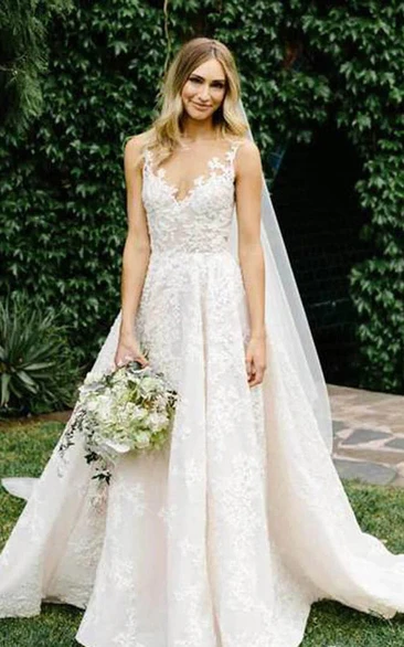 Lace Spaghetti Sleeveless A-line Ball Gown Deep-v Back Wedding Dress