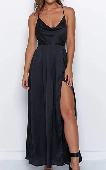 Sexy V-neck Cowel A Line Satin Prom Dress With Ruffles and Split Front