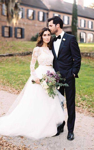 Bateau Lace Tulle Illusion Long Sleeve Wedding Dress