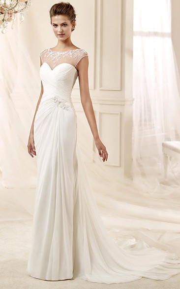 Sheath Scoop Cap Floor-length Chiffon Wedding Dress with Criss cross and Embroidery