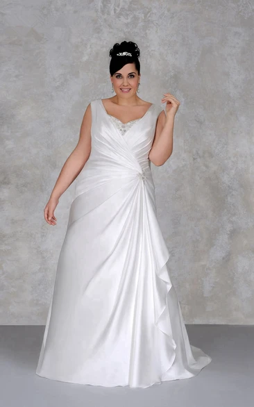 Plunged Sleeveless Satin Side-draped A-line Dress With Beading And Corset Back