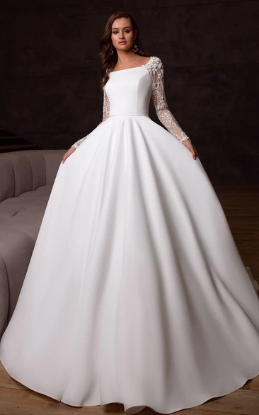 Square Neck A Line Court Train Satin Wedding Dress with Appliques and Beading
