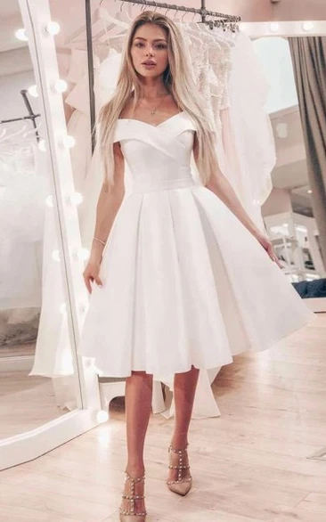 Satin Off-the-shoulder Solid Knee-length Empire A-line Wedding Dress