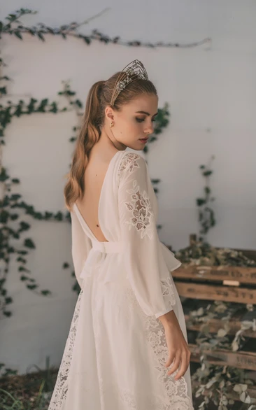 Long Sleeve Low-v Back Chiffon A-line Applique Wedding Dress