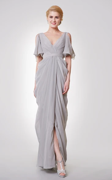 Formal Slit Sleeves Long Deep-V-Neckline Gown