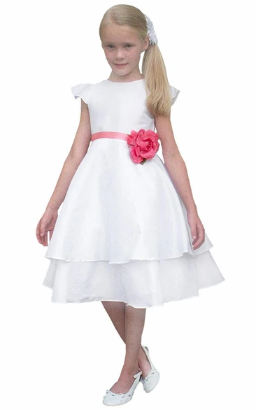 Taffeta Cap-Sleeve Tea-Length Flower Girl Dress