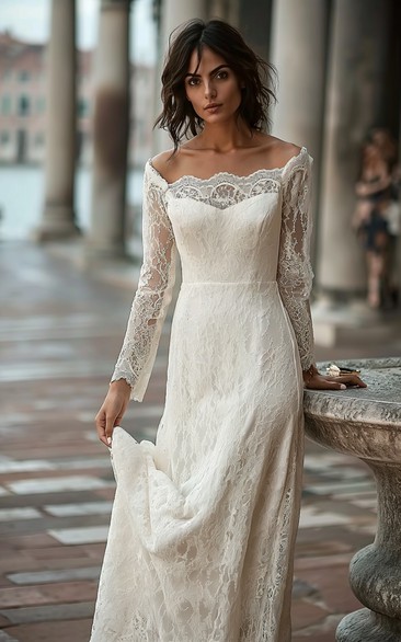 Elegant Off the Shoulder Scallop Neck Long Sleeves Sweep Train Lace Bridal Gown
