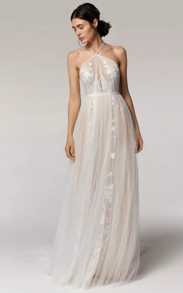 Sleeveless Halter Pleated Empire Tulle Lace Applique Wedding Dress with Sweep Train