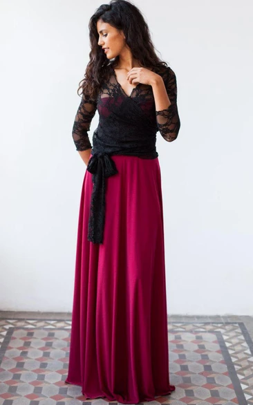 Two-tone Plunged Lace Long Sleeve Dress With bow And Low-V Back