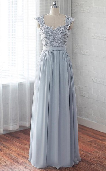 Cap-sleeve Pleated Floor-length Dress With Appliques And Corset Back