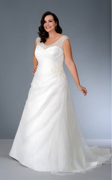 Scoop-neck Cap-sleeve A-line Tulle Satin Dress With Beading And Ruching