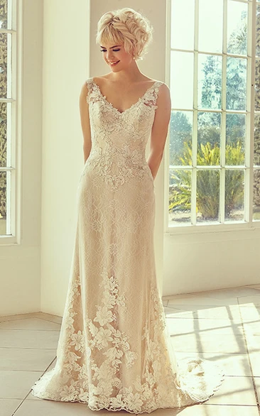 Sheath V-neck Sleeveless Floor-length Lace Wedding Dress with Deep-V Back and Appliques