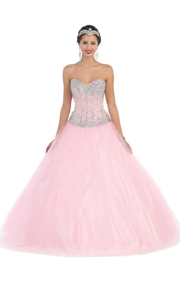 Sweetheart Jeweled Strapless Sleeveless Satin Tulle Lace-Up Ball Gown
