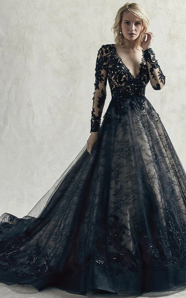 Black Ball Gown V-Neck Long Sleeve Empire Tulle/Organza Wedding Dress with Appliques and Deep-V Back