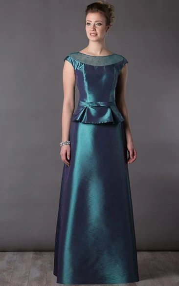 A-line Scoop Cap-Sleeve Floor-length Satin Mother Of The Bride Dress with Illusion and Peplum