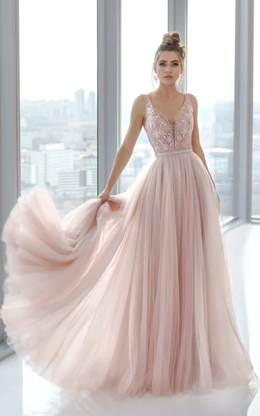 Adorble Sleeveless Blush A-line Tulle Empire Pleated V Back Prom Dress with Beaded Top