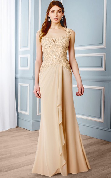 Queen Anne draped Mother of the Bride Dress With Appliques And Keyhole