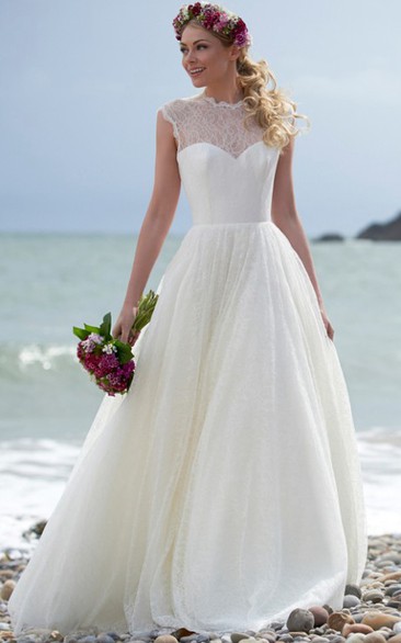 beach Jewel Neckline Sleeveless Lace Wedding Dress With Illusion back