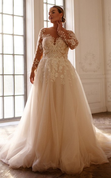 Simple Lace Ball Gown Bateau Sweep Train Wedding Dress with Appliques