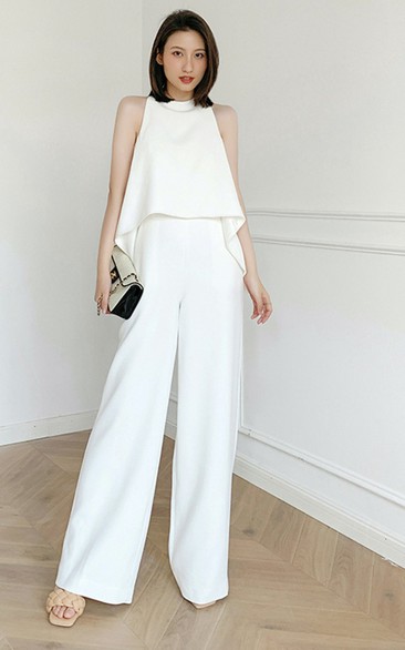 Women White Ivory Sleeveless Tops Wide Leg Pants Set Bridal Jumpsuit