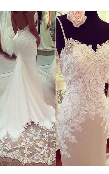 Elegant Spaghetti Backleess Wedding Gown with Lace Applique and Sweep Train