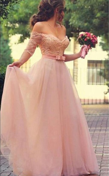 Jewels Short-Sleeves Prom Princess Lovely Long Tulle Dress