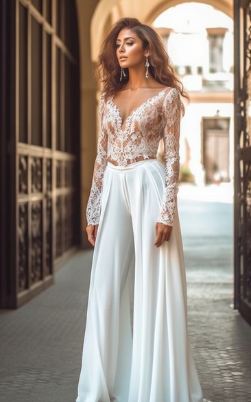 V Neck Long Sleeves Two Piece Chiffon Wedding Jumpsuit
