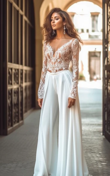 V Neck Long Sleeves Two Piece Chiffon Wedding Jumpsuit with Overskirt