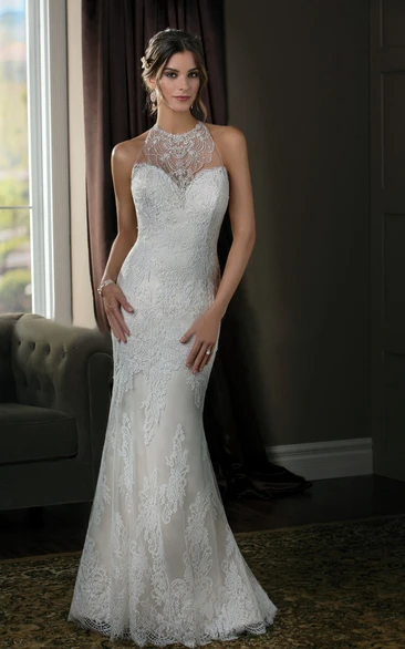 Sheath Jewel Sleeveless Floor-length Lace Wedding Dress with Open Back and Straps