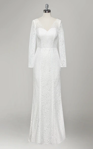 Plunged Long Sleeve Lace Sheath Wedding Dress With Low-V Back