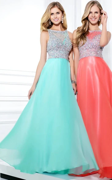 Scoop-neck Sleeveless Beaded Long Prom Dress With Illusion