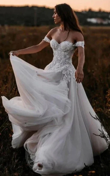 Sweetheart A-line Tulle Lace Applique Outdoor Court Train Wedding Dress