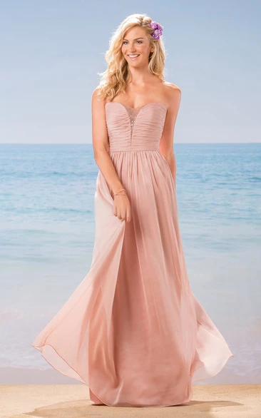 A Line Sweetheart Sleeveless Floor-length Chiffon Bridesmaid Dress with Ruching and Beading