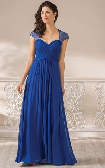 A Line Sweetheart Cap-Sleeved Floor-length Chiffon Mother of the Bride Dress with Criss cross and Ruching