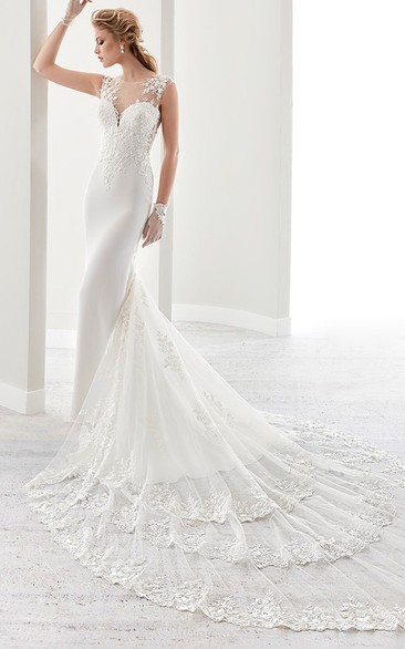 Sheath Scoop Sleeveless Floor-length Lace/Jersey Wedding Dress with Illusion and Appliques