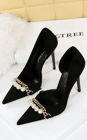 European and American style banquet slim super high heel suede shallow mouth pointed toe pearl metal chain side hollow shoes