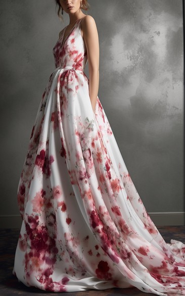 Plunged Sleeveless Empire A-line Chiffon Red and White Wedding Dress