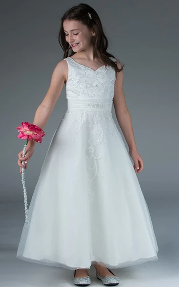 Ankle-Length Crystal A-Line Embroidered Flower Girl Dress