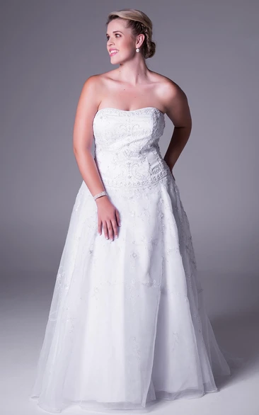 Strapless Lace A-line plus size Gown With Appliques And Court Train