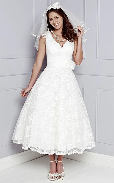 A-Line Sleeveless V-Neck Appliqued Tea-Length Lace Wedding Dress With Flower