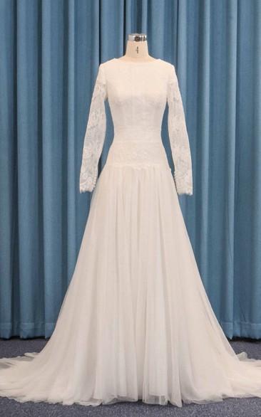 Tulle Dropped Waist Long Sleeve Wedding Dress A-line With Lace Overlay And Pleats