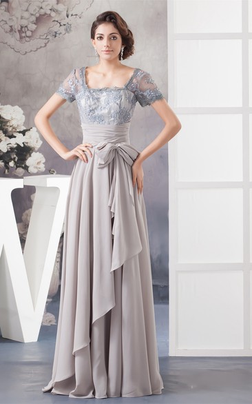 Bow Illusion Caped Sleeve Pleated Chiffon Gown