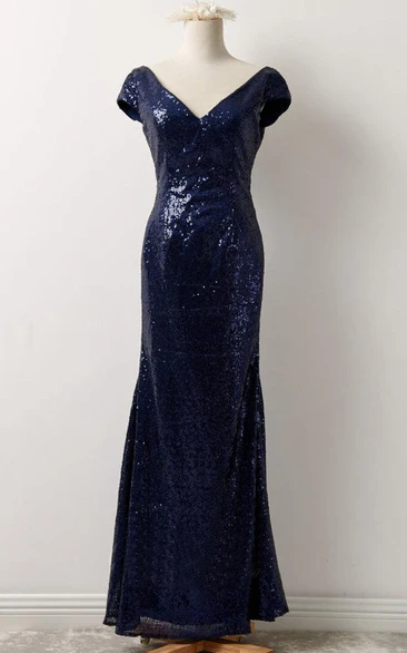 Long Low-V Back Sequined Short-Sleeve Gown
