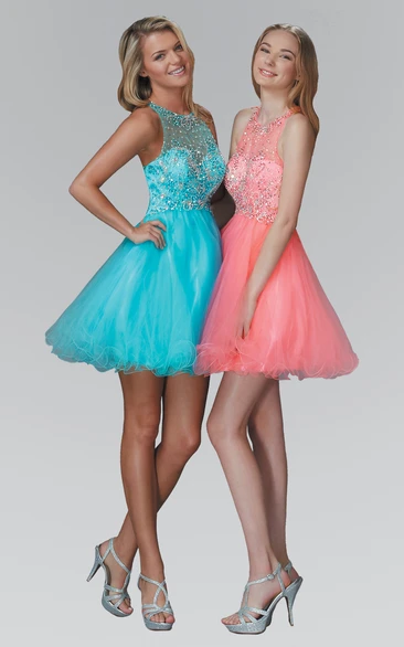 A-Line Short Scoop-Neck Sleeveless Tulle Illusion Dress With Beading And Ruffles